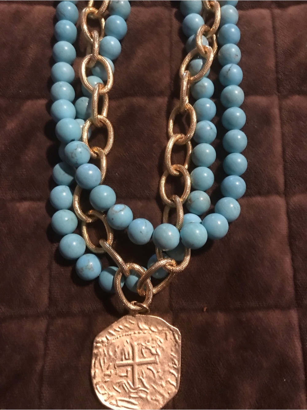 Susan Shaw Layered Turquoise Bead and Gold Chain Necklace with Medallion - Picture 3 of 5